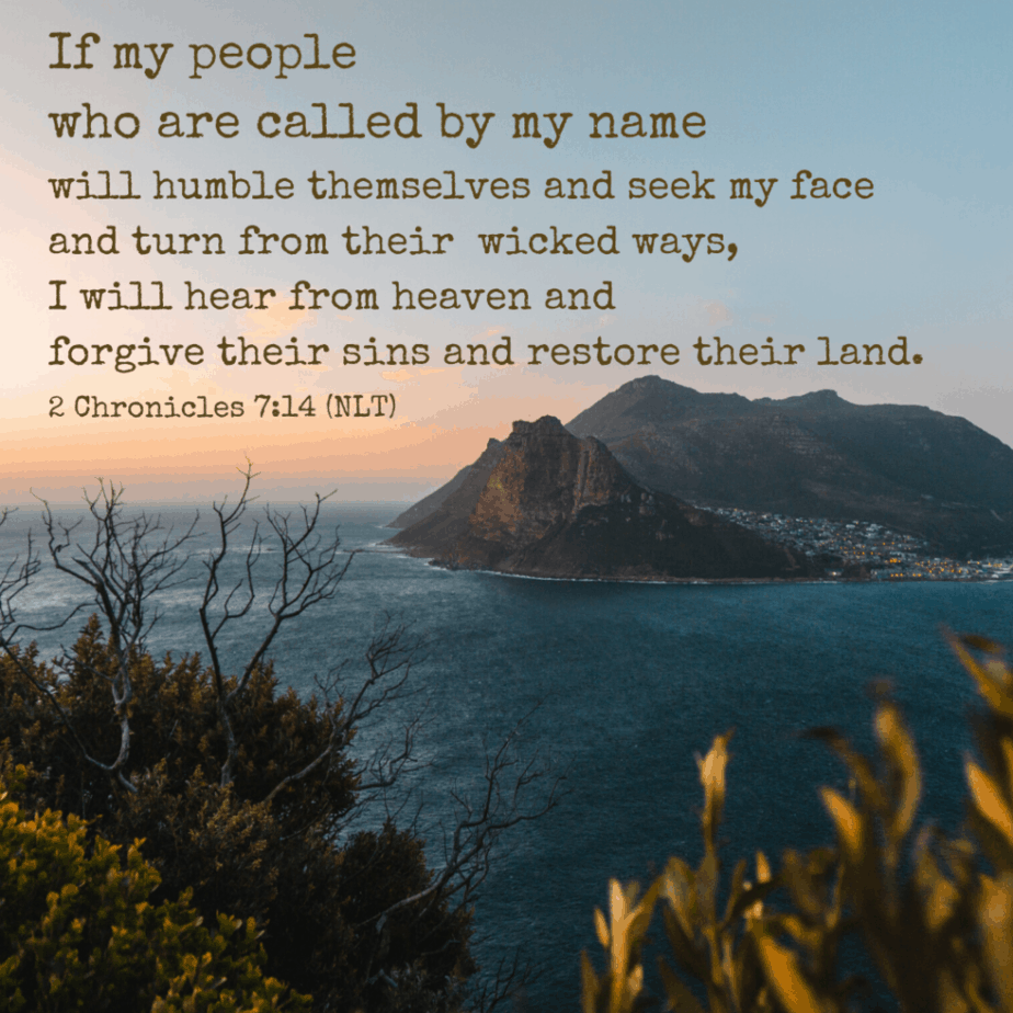 If my people who are called by my name will humble themselves and seek my face and turn from their wicked ways, I will hear from heaven and forgive their sins and restore their land (2 Chronicles 7:14 NLT).
