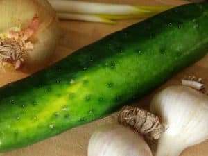 Photo of cucumber, garlic, and onions